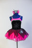 Black & pink leotard with spider-web, silver trim & spider applique. Comes with hot-pink  pull on skirt with black net  overlay & pink spider bow hair piece. Front