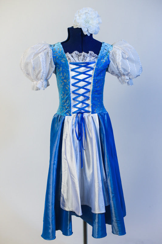 Iridescent blue taffeta dress has white apron, pouff white lace sleeves & blue velvet bodice with silver pattern & white insert with blue satin tie-corset. Front
