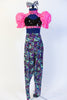 Black sequined half-top with neon pink high collar,pouff sleeves & open back with blackcorset ties. Comes with neon hip-hop harem pant & silver bow headband. Front