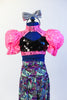 Black sequined half-top with neon pink high collar,pouff sleeves & open back with blackcorset ties. Comes with neon hip-hop harem pant & silver bow headband. Front zoomed
