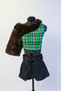 Green tartan print half top comes with a one sleeved fur shrug with white satin sash to tie shrug. Comes with black leathery shorts & wide black belt. Front