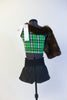 Green tartan print half top comes with a one sleeved fur shrug with white satin sash to tie shrug. Comes with black leathery shorts & wide black belt. Back