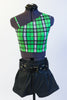 Green tartan print half top comes with a one sleeved fur shrug with white satin sash to tie shrug. Comes with black leathery shorts & wide black belt. Front zoom