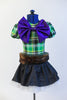 Green tartan print leotard with  large purple metallic bow comes with black taffeta skirt with layered white petticoat & a fur belt with white ribbon sash. Front