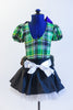 Green tartan print leotard with  large purple metallic bow comes with black taffeta skirt with layered white petticoat & a fur belt with white ribbon sash. Back