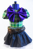 Green tartan print leotard with  large purple metallic bow comes with black taffeta skirt with layered white petticoat & a fur belt with white ribbon sash. Front zoom