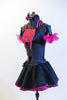 Black half-top has pink sequin insert, fringe & halter style striped collar. Has a black skirt, with pink petticoat & panty.Comes with  gauntlets & hair piece. Side