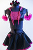 Black half-top has pink sequin insert, fringe & halter style striped collar. Has a black skirt, with pink petticoat & panty.Comes with  gauntlets & hair piece. Front zoomed