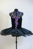Black velvet hand painted open back tutu is a single attached piece comprised of the bodice, panty and overlay & boned, tacked  professional, platter tutu. Front Zoom