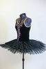 Black velvet hand painted open back tutu is a single attached piece comprised of the bodice, panty and overlay & boned, tacked  professional, platter tutu. Side