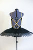 Black velvet hand painted open back tutu is a single attached piece comprised of the bodice, panty and overlay & boned, tacked  professional, platter tutu. Back