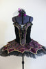  Black platter tutu & separate bodice/overlay is purple,black & gold brocade with gold trim. Bodice is black velvet with matching brocade & ruffle insert. Front