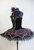 Black platter tutu & separate bodice/overlay is purple,black & gold brocade with gold trim. Bodice is black velvet with matching brocade & ruffle insert. Side