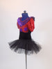 Black velvet &,red sequin leotard with purple circles and pouf sleeves. Purple ruffle around the collar & low back.Has black tutu skirt & hair accessory.Side