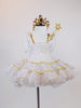White tulle dress with  small gold stars &smocked bodice has detachable white feather wings, a gold star wand and a small gold tiara headpiece. Front